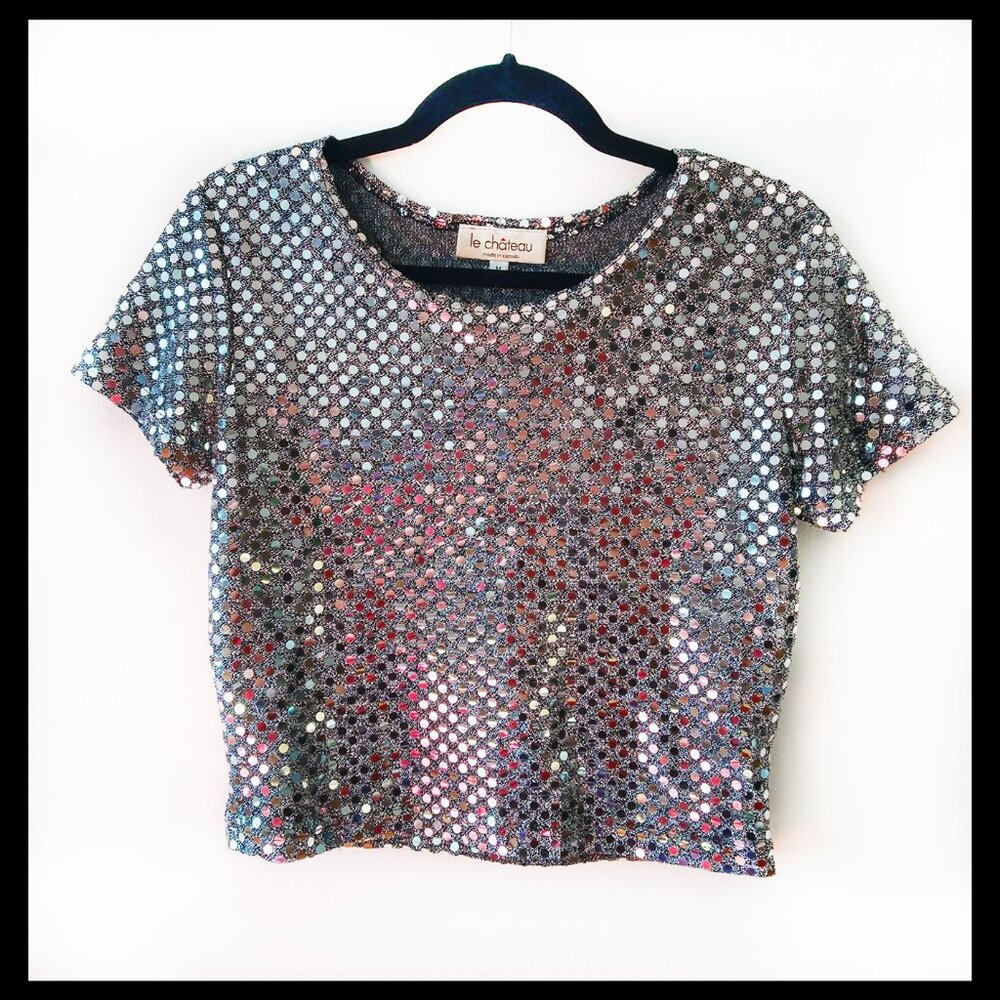 Vintage 90's Le Chateau Sequined Cropped T-Shirt, Stylish Party Wear